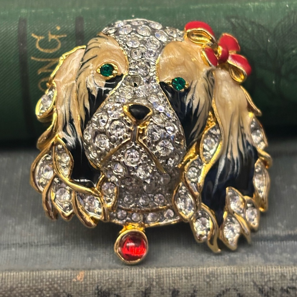 Vintage Dog Brooch Pin, Lhasa Apso, Rhinestones,Enamel Gold Silver tone 2 3/4 in